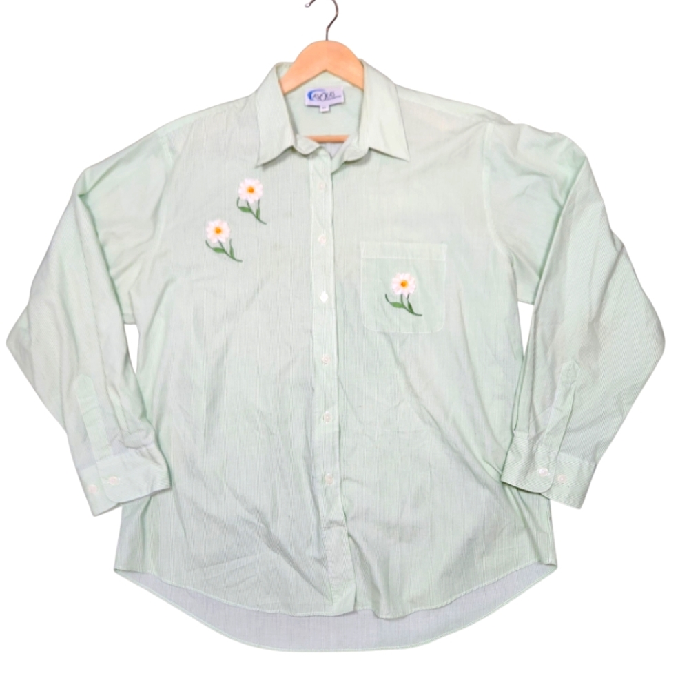 Las Olas Green Slouchy Button-Up Shirt Tunic Daisy Floral‎ Patchwork Cottage XL